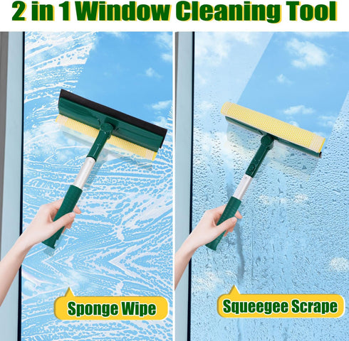 Window Squeegee for Home, 2 in 1 Window Cleaner Sponge and Dual Side Blade Rubber, Window Squeegee Cleaning Tool with 8’’ Pole for Windows, Glass ...