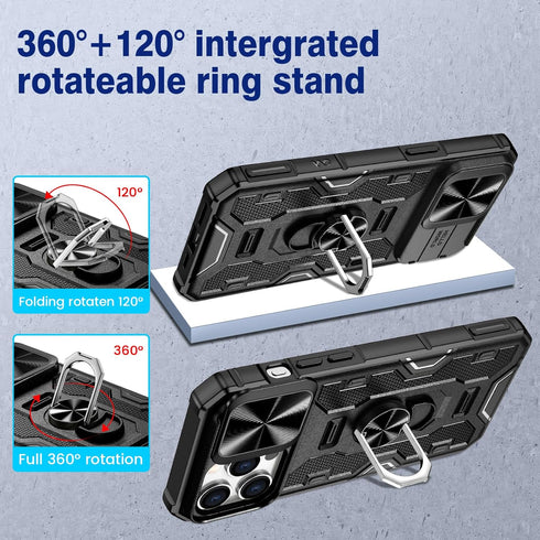 VEGO Armor Case for iPhone 15 Pro Max 5G 2023, Slide Camera Cover & Belt Clip Holster & Magnetic 360°Ring Kickstand Military Grade Heavy Duty Prot...