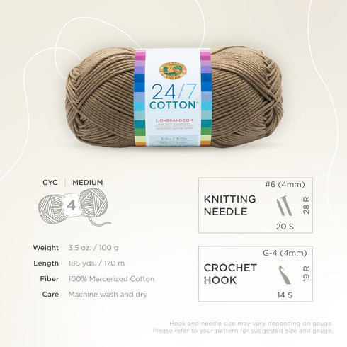 Lion Brand Yarn Lightweight 24/7 Cotton Yarn for Knitting, Crocheting, and Crafts, Taupe, 1 Pack...