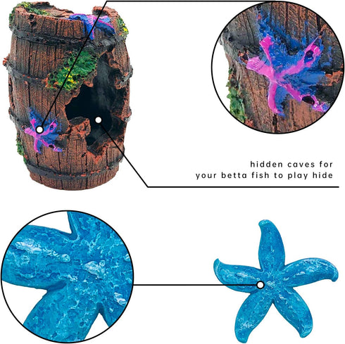 GSD Star-Fish Broken Barrel Decor Resin Betta Fish Tank Accessories Ornaments for Fish Cave Hide Tank Decorations, Broken Barrel x 1pc, Blue Star ...