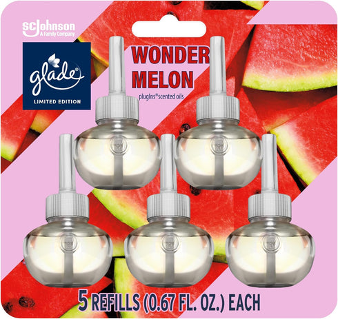 Glade PlugIns Refills Air Freshener, Scented and Essential Oils for Home and Bathroom, Wonder Melon, 3.35 Fl Oz, 5 Count...
