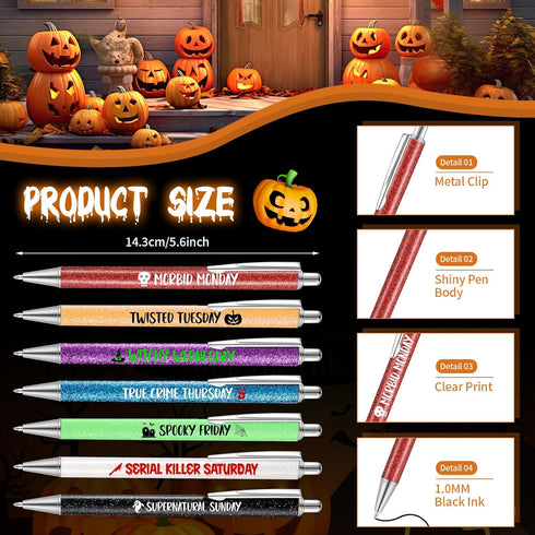 Sherr 7 Pcs Halloween Weekday Pens Days of the Week Pens Glitter Fancy Funny Ballpoint Pens with 10 Pcs Black Ink Refills Mood Cute Pen Gifts for ...