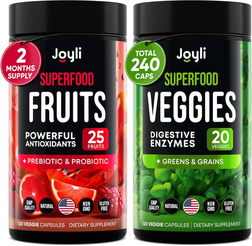 Fruits and Veggies Supplement - High Fiber Supplement for Immunity, Gut & Energy - Super Reds & Super Greens Supplements with Marshmallow Root - 2...