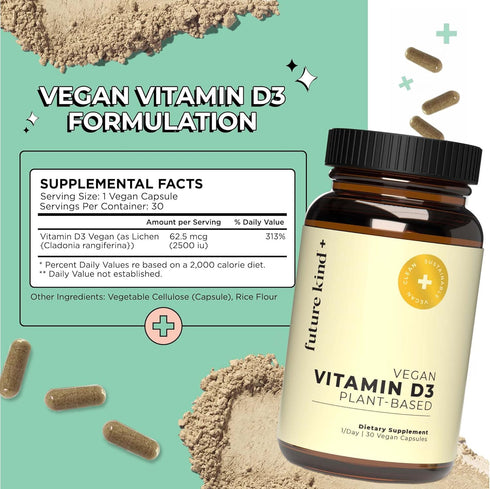 Future Kind Vegan Vitamin D3-2500 IU Plant-Based Supplement for Cell & Immune Support - Sugar-Free, Lichen-Based Vitamin D (30 Softgels in Glass B...
