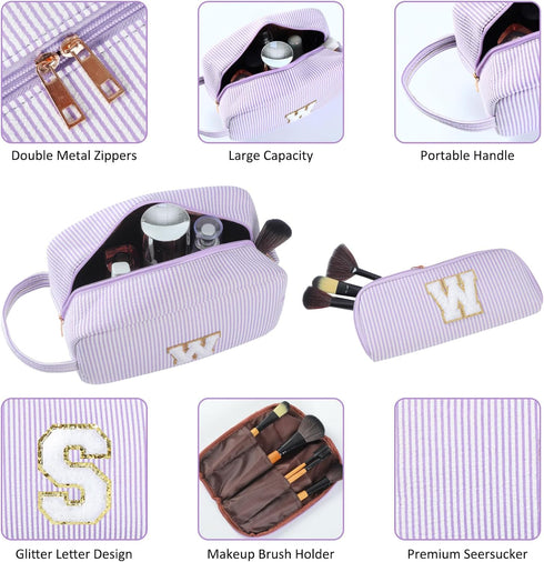 2pcs Personalized Initial Makeup Bag A-Z, Travel Toiletry Bag Monogram Make Up Bags Preppy Cosmetic Bag Makeup Pouch Birthday Graduation Gifts Bag...