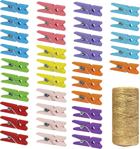 Mini Natural Wooden Clothespins with Jute Twine, 250pcs, 1 Inch Photo Paper Peg Pin Craft Clips with 66ft Natural Twine for Scrapbooking, Arts & C...