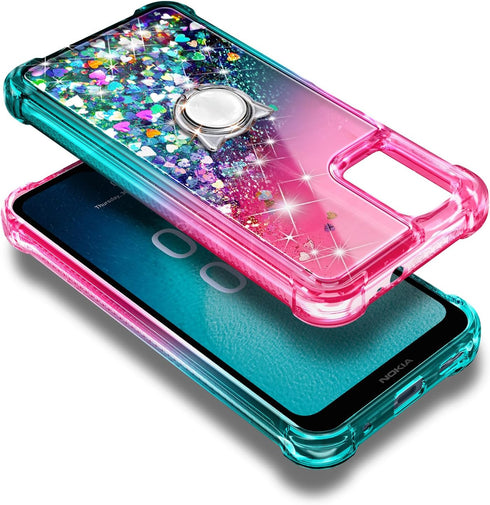 NZND Compatible with Nokia C300 (N155DL) Case, Nokia G100 (N150DL) with Tempered Glass Screen Protector, Ring Holder/Wrist Strap, Glitter Liquid F...