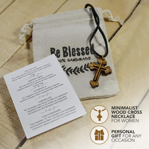 Certified Bethlehem Made Wooden Cross (Olive Wood) Budded Cross Pendant on Black Cord Necklace in Natural Cotton Pouch - 24" Adjustable Wood Cross...