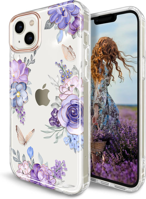 JIAXIUFEN Clear Case Compatible with iPhone 14 iPhone 13 Glitter Plating Flower Design Protective Shockproof Slim TPU Military Drop Protection Gir...