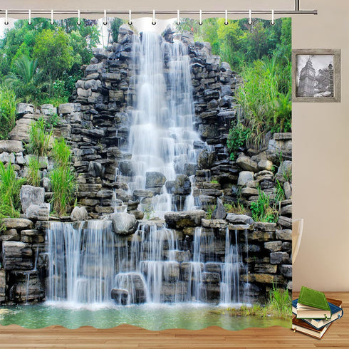 Waterfalls Shower Curtains Stone Rockery Landscapes Spring Green Plant Courtyard Garden Outdoor Scenery Bathroom Decor Polyester Fabric Curtain Se...