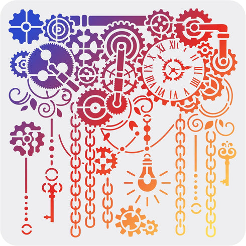FINGERINSPIRE Gear Stencils 11.8x11.8 inch Clock Painting Stencil Plastic Clock & Key & Gear Patterns Stencil Steampunk Stencils Reusable DIY Art ...