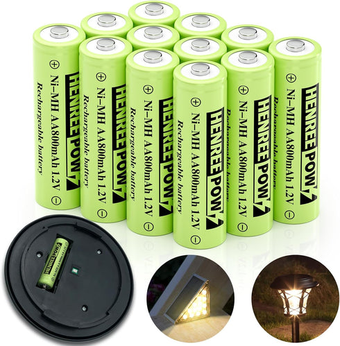 Henreepow Rechargeable AA Batteries, Ni-MH Double A Solar Batteries High Capacity 1.2V Pre-Charged for Outdoor Solar Lights, String Lights?Pathway...