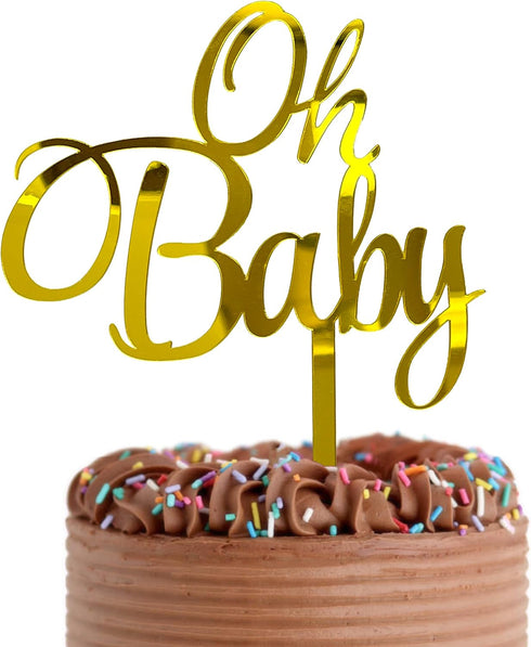 Baby Shower Cake Topper -Larger Size Acrylic Mirror Gold Elegant Handwriting “OH BABY” Sign - Smash Cake Topper, New Baby Gender Reveal Party Cake...