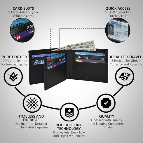 Handmade RFID Leather Bifold Wallets For Men in Multiple Colors offering 9 Cards and 1 ID Slots...