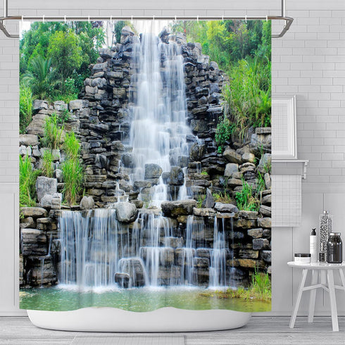 Waterfalls Shower Curtains Stone Rockery Landscapes Spring Green Plant Courtyard Garden Outdoor Scenery Bathroom Decor Polyester Fabric Curtain Se...
