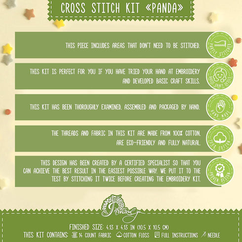 Povitrulya Counted Cross Stitch Kit with Pattern 'Panda' - Easy DIY Set for Hand Embroydery with Paper Pattern, 14 Count Blank Aida Canvas and Pre...
