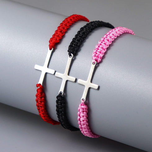 COLORFUL BLING Cross Bracelet for Women Men Stainless Steel Adjustable Braided String Sideways Bracelet Protection Prayer Amulet Christian Jewelry...