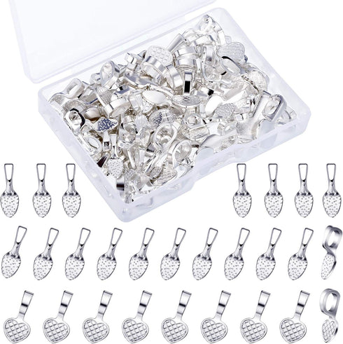 Yaomiao 100 Pieces Spoon Glue on Bails Pendant Jewelry Bails Shiny Silver Color Oval Heart Shape Glue on Necklace Earring Pendant Small Spoon Char...
