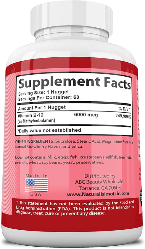 Vitamin B12 6,000 mcg Maximum Strength Fast Acting Formula Strawberry Flavor Nuggets Promotes Energy Production Supports The Nervous System 60 Nug...