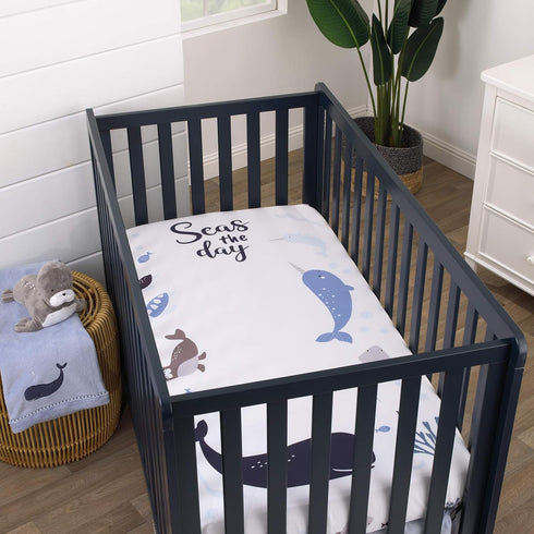 NoJo Seas The Day Multi Sea Animals Blue and White 100% Cotton Photo Op Fitted Crib Sheet...