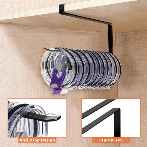 Tumbler Lid Organizer, Horizontal Tumbler Lid Storage Hook Up to 10 Lids, Space Saving Cup Lid Holders Under Cabinet Tumbler Lid Hook for Kitchen ...
