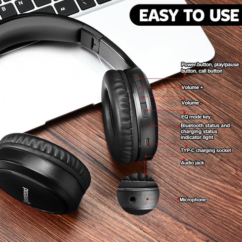 Bluetooth Headphones Over Ear, 70H Playtime and 3 EQ Music Modes Wireless Headphones with Microphone, HiFi Stereo Foldable Lightweight Headset, De...