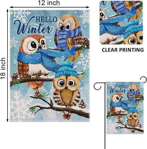 Home Decorative Hello Winter Owls Family Garden Flag, Animals Yard Outside Decorations, Snow Farmhouse Outdoor Small Decor Double Sided 12x18...