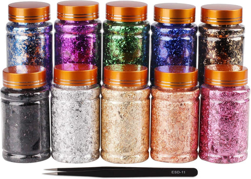 Gold Foil Flakes for Resin, Yibeishu10 Colors Metallic Foil Flakes,Gilding Flakes for Nails, Crafts (Gold, Silver, Copper, Black, Green, Blue, Blu...