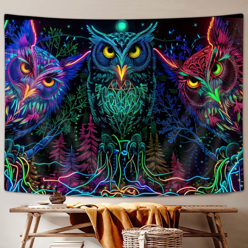 JAWO Psychedelic Owl Tapestry - Trippy Forest Line Art Wall Hanging for Bedroom, Moon Animal Bird Blacklight Tapestry (60X40 Inch)...