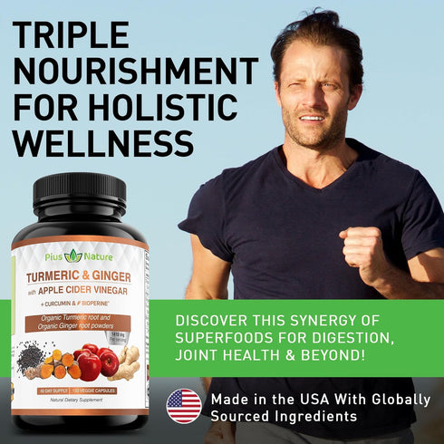 120 Capsules of USDA Organic Turmeric Root Powder, USDA Organic Ginger Powder and Apple Cider Vinegar Powder with Curcumin (95% Curcuminoids) and ...
