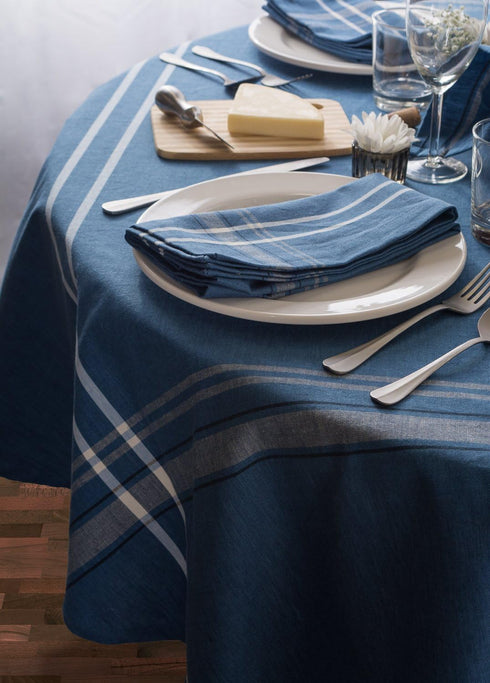 DII French Stripe Dining Table Collection Farmhouse Style Tablecloth, 70 Inches Round, Blue Chambray...
