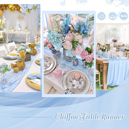 Blue Chiffon Table Runner 10Ft Long 27x120 Inches Romantic Wedding Linens Sheer Bridal Party Table Decorations...