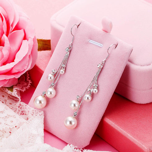 EleQueen Women's Silver-tone Crystal Simulated Pearl 4 Chain Bridal Long Dangle Hook Earrings Ivory Color...