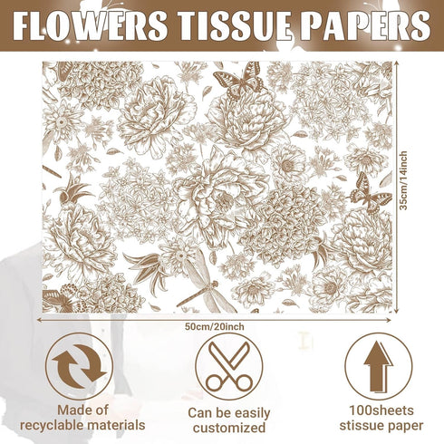 Bolsome 100 Sheets 20 * 14 Inches Vintage Floral Printed Tissue Paper Coffee Gold Peony Butterfly Printed Gift Wrapping Tissue Paper Peonies, Hydr...