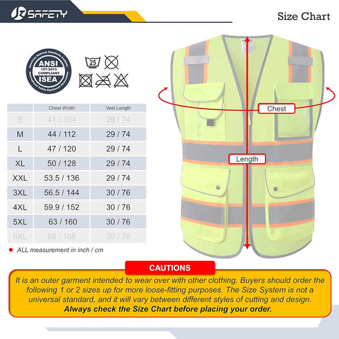 JKSafety 9 Pockets Security Hi-Vis Reflective Safety Vest | HQ Mesh Lite Neon Yellow Body Color Orange Trimming | ANSI/ISEA Compliance (JK100 SEC ...