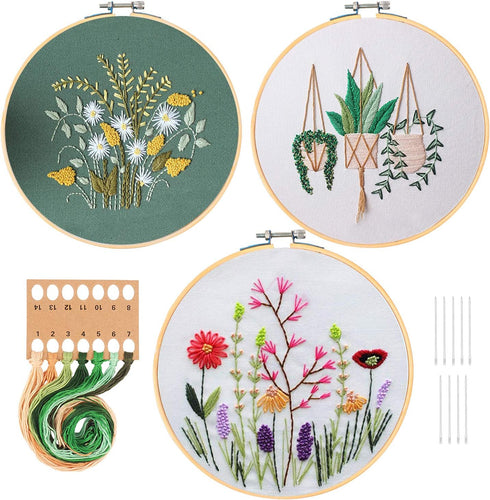 HaiMay 3 Sets Embroidery Starter Kit with Pattern and Instructions, Cross Stitch Kit Include 3 Embroidery Clothes with Floral Pattern, 3 Bamboo Em...