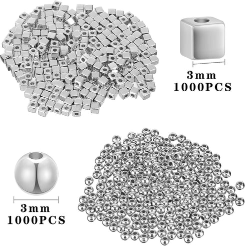 Hicarer 2000 Silver Beads for Jewelry Making 3mm Round and Square Tiny Smooth Loose Spacer Beads for Bracelet Earrings Charm Jewelry Making DIY(Si...