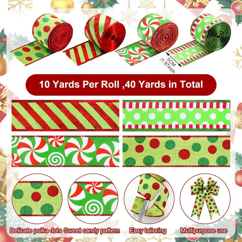 Riceshoot 4 Roll 40 Yards Christmas Green Red Ribbon Wired 1.97 Inch Christmas Glitter Stripe Ribbon Wide Green Red Wired Edge Xmas Polka Dot Ribb...