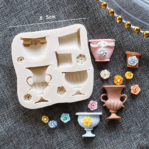 9-Cavity Flower Pots Urns Silicone Fondant Mold Flower Vase Gum Paste Mold for Sugar Paste Wedding Party Cupcake Cake Decorating Topper Decoration...