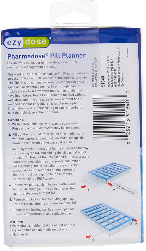 Ezy Dose Weekly (7-Day) Pill Case, Medicine Planner, Vitamin Organizer Box, Small Compartments with Easy Fill Tray, 4 Times a Day, Clear Lids, Col...