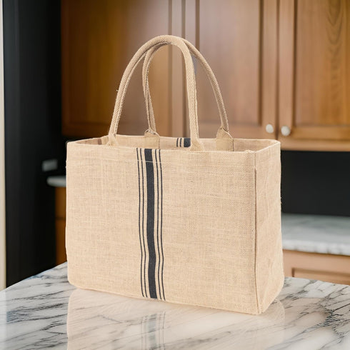 KAF Home Jute Market Tote Bag with Handles, Triple Stripe...