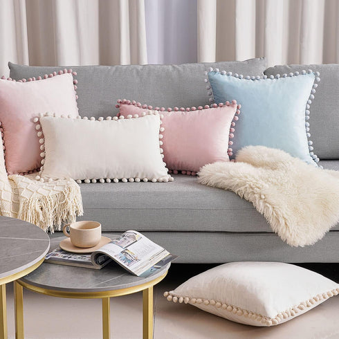 Top Finel Decorative Throw Pillow Covers 18x18 Set of 2, Cream White Couch Square Pillow Covers for Sofa Bed, Soft Velvet Cushion Covers with Pom ...