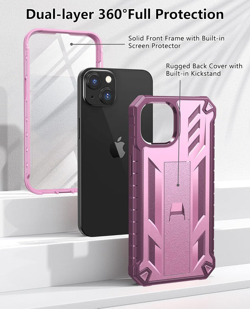 for iPhone 13/14 Protective Case: for iPhone 16e Cover with Built-in Kickstand | Heavy Duty Military Grade Hard Protection Shock Proof | Durable D...