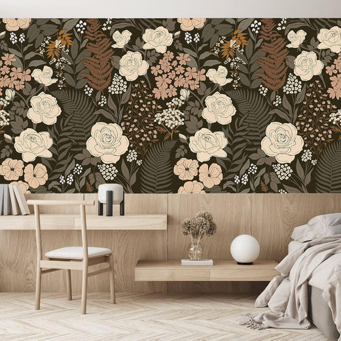 HAOKHOME 93276 Peel and Stick Wallpaper Floral Vintage Removable Rose Leaf Black/Brown/Beige Stick on Mural 17.7in x 6.6ft...