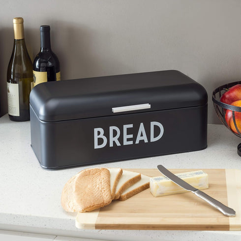 Home Basics Bread Box For Kitchen Countertop, Metal, (Black), Vented With Hinge Top | Large Bread Box | Keeps Loaves, Bagels, Croissants Fresh...