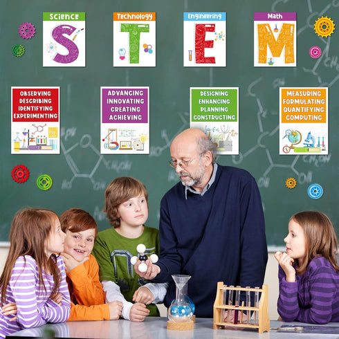 Zonon 40 Pcs Stem Science Bulletin Board Set Stem Classroom Decorations Scientist Posters Gear Shaped Cutouts Teachers Banner Wall Decor for Pre S...