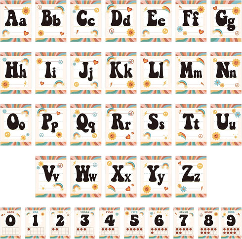 36Pcs Retro Classroom Alphabet Number Bulletin Board Set, Groovy ABC Alphabet Card and 0-9 Number Posters Decor with Glue Point for Preschool Kind...