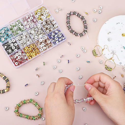 QUEFE 720Pcs Rhinestone Spacer Beads for Jewelry Making, Rondelle Crystal 8mm Bead for Necklaces, Bracelet Pendants (12 Colors)...