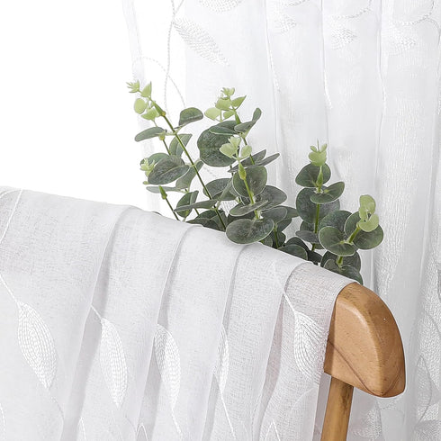 Tollpiz White Leaf Sheer Tier Curtain Leaves Embroidered Kitchen Curtains Rod Pocket Voile Bathroom Window Treatment for Cafe, 30 x 36 inches Long...