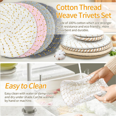 Trivets for Hot Dishes, 7" Trivets for Hot Pots and Pans Pot Holders for Kitchen, Cotton Weave Mat Trivets Set Heat Resistant Hot Plate Mats for T...